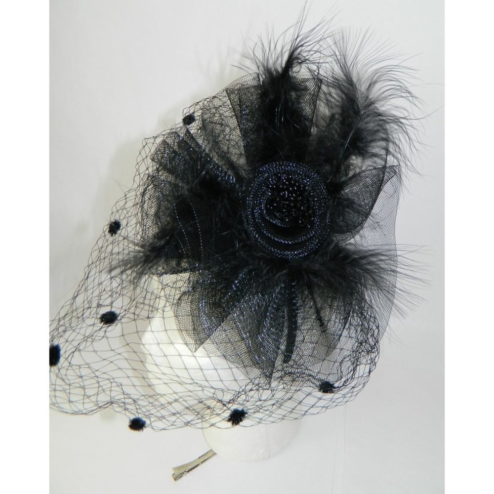 Black Fascinator Hat Feather Veil Flower Pin Birdcage Fishnet Chic